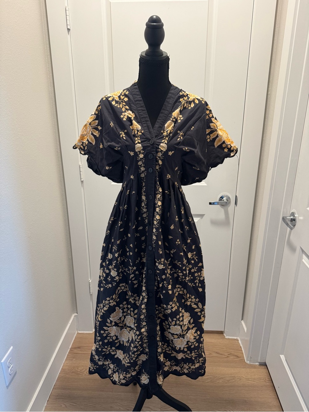 FARM Rio Black Midi Dress with Yellow Floral Embroidery - Picture 2 of 10